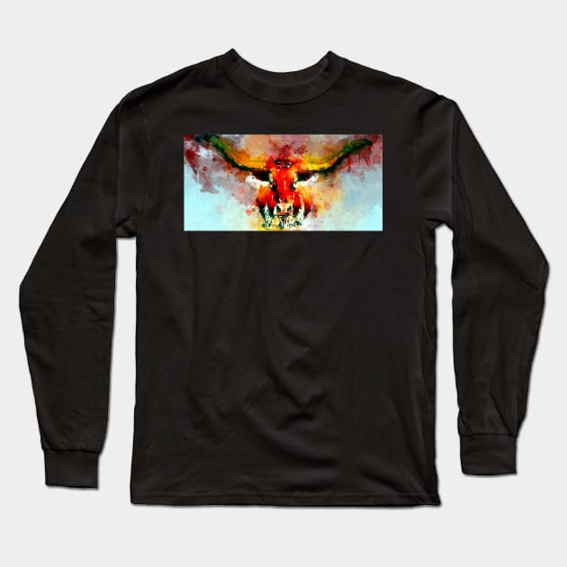 Watercolor Longhorn Long Sleeve T-Shirt by danieljanda